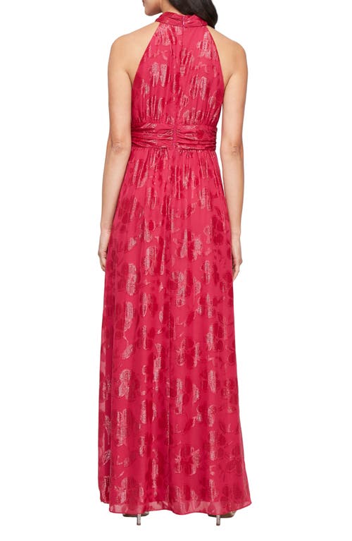 Shop Sl Fashions Floral Burnout Halter Gown In Fuchsia