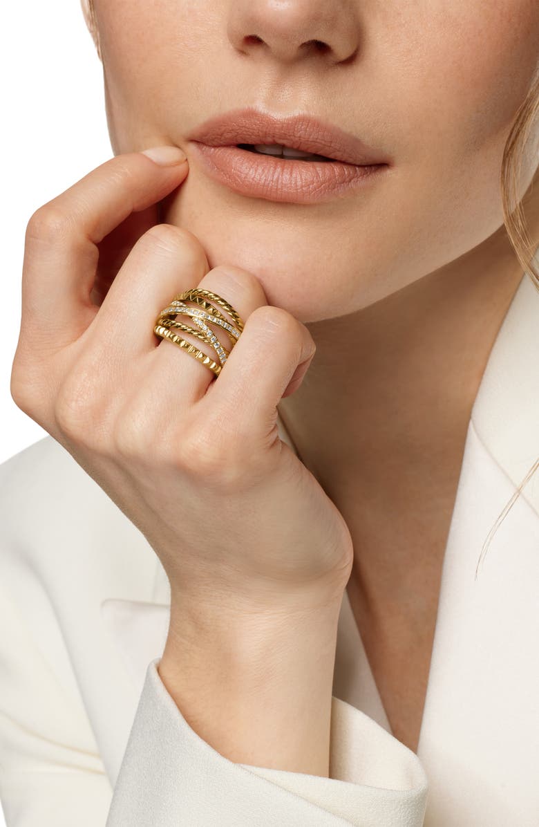 David Yurman Crossover Trio Six-Row Ring in 18K Yellow Gold with Diamonds, 17.5mm, Alternate, color, 18K Gold