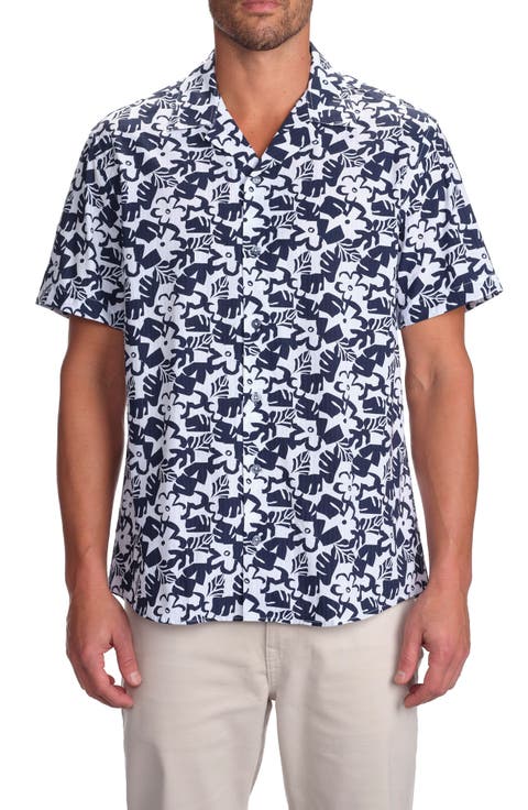 Slim Fit Blossom Cotton Seersucker Camp Shirt