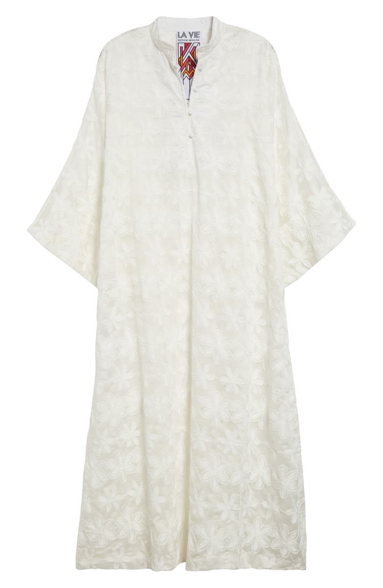 La Vie Style House Floral Embroidered Sheer Cover-Up Caftan, Alternate, color, White