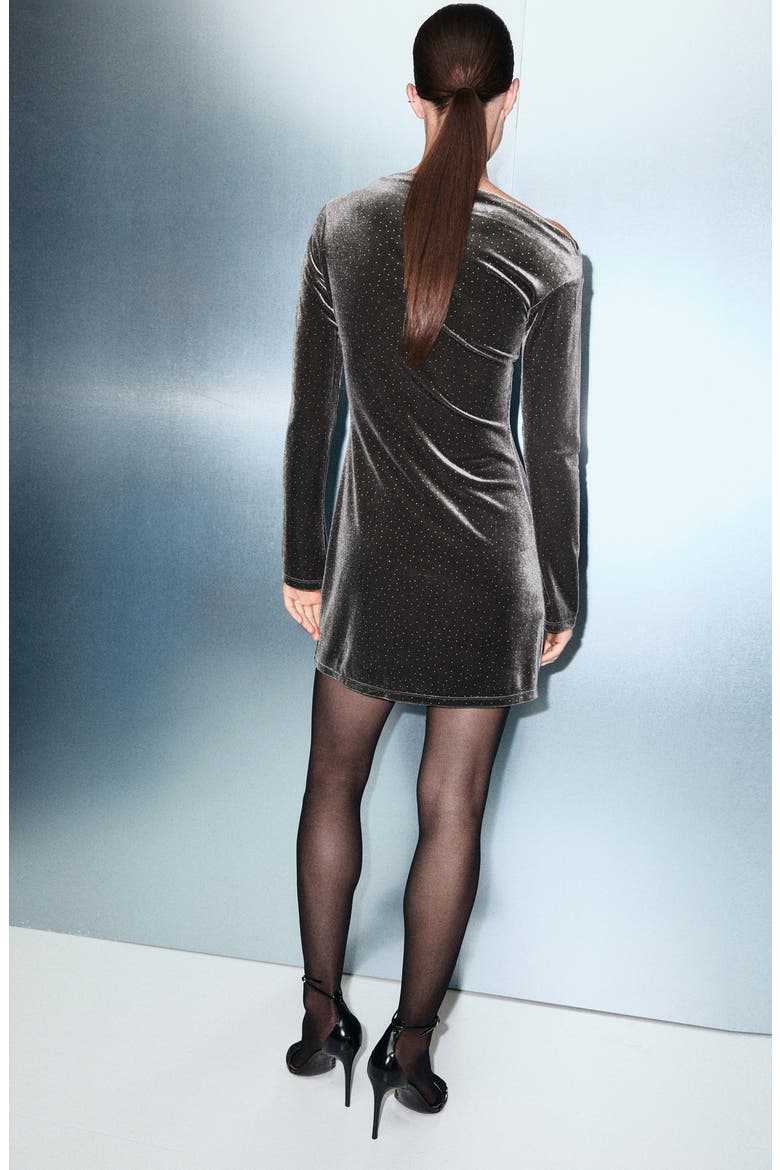 Rhinestone Long Sleeve Velvet Dress, Alternate, color, CHARCOAL