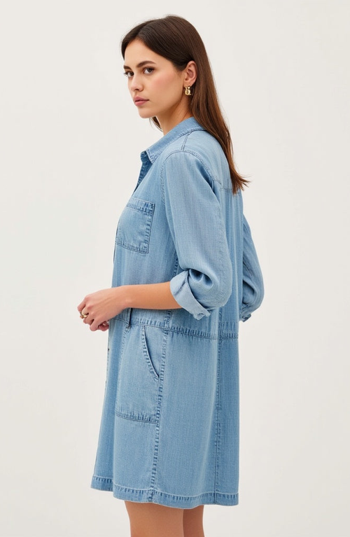Modenaire Long-sleeve Button-front Denim Mini Dress In Light Blue