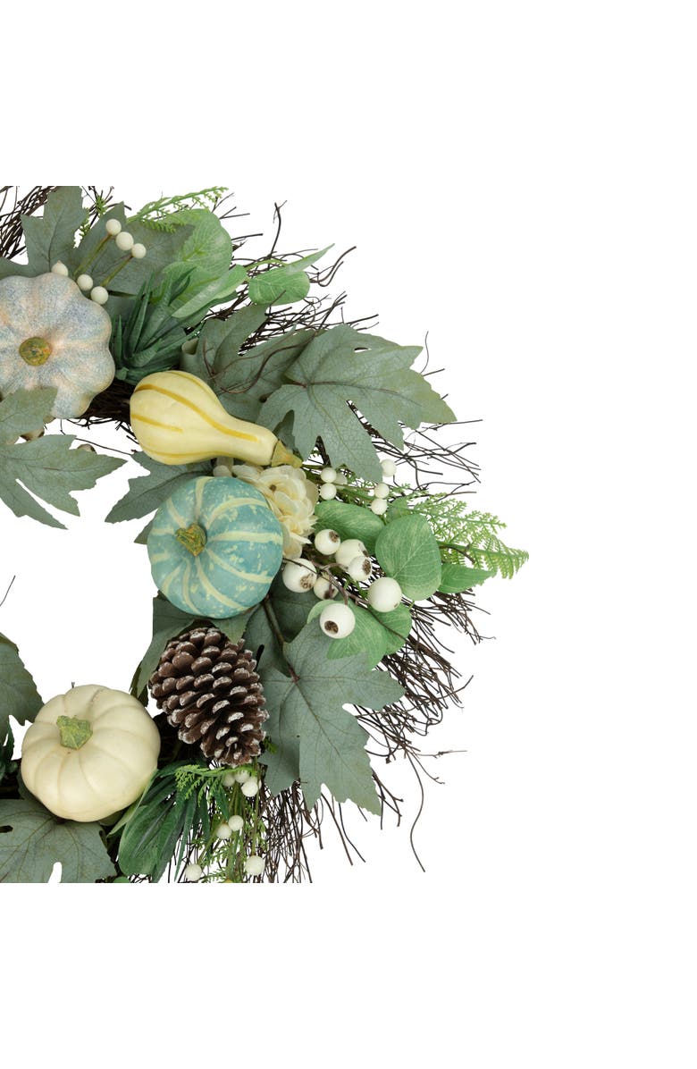 Northlight Pumpkins, Gourds and Pinecones Artificial Fall Harvest Twig Wreath - 22", Alternate, color, Green