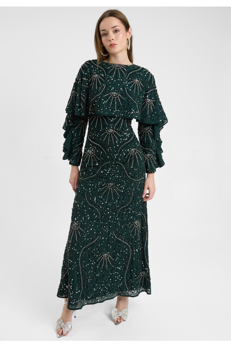 Modest Embellished Sequin Beaded Dress Maxi With Cape Style Top, Alternate, color, EMERALD GREEN