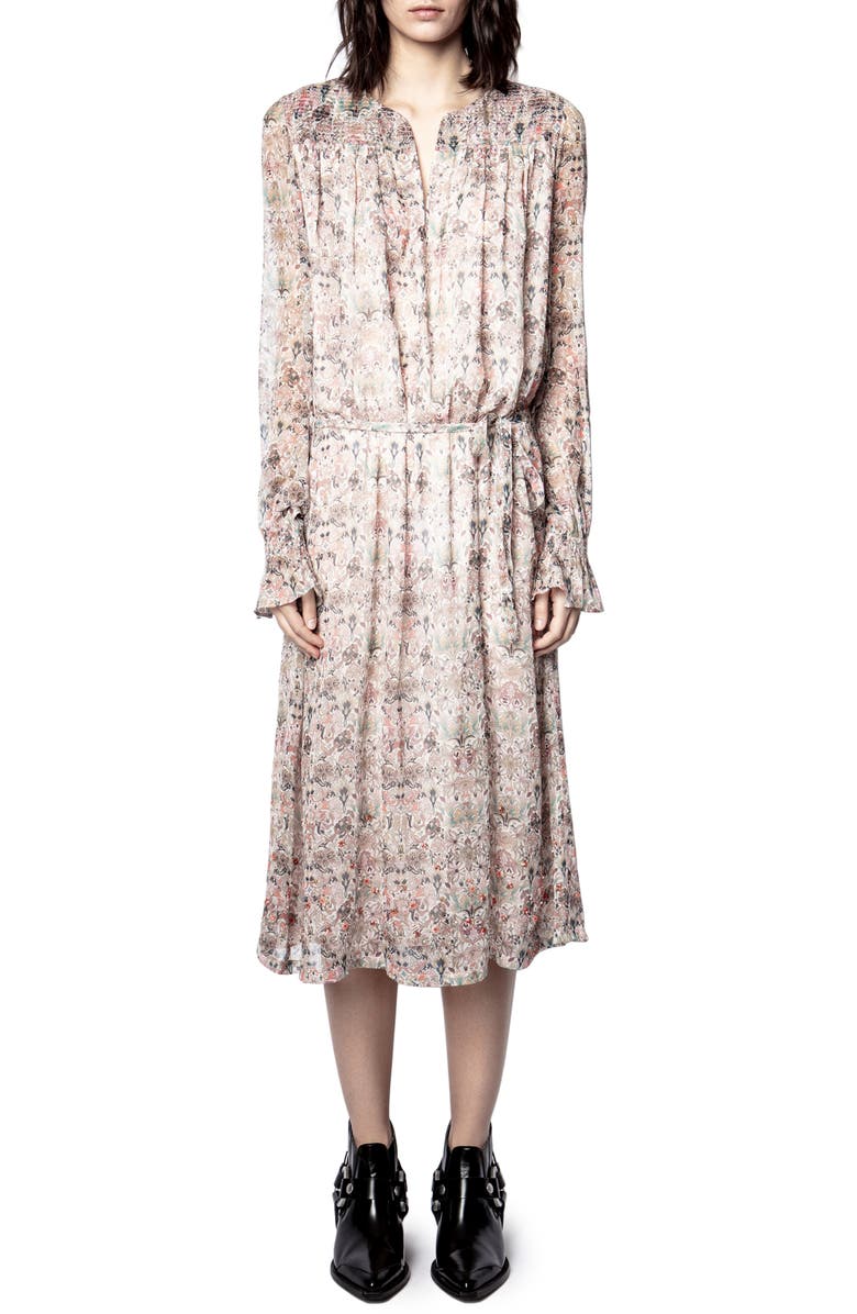 Zadig & Voltaire Raya Mousseline Floral Long Sleeve Beaded Midi Dress, Main, color, 