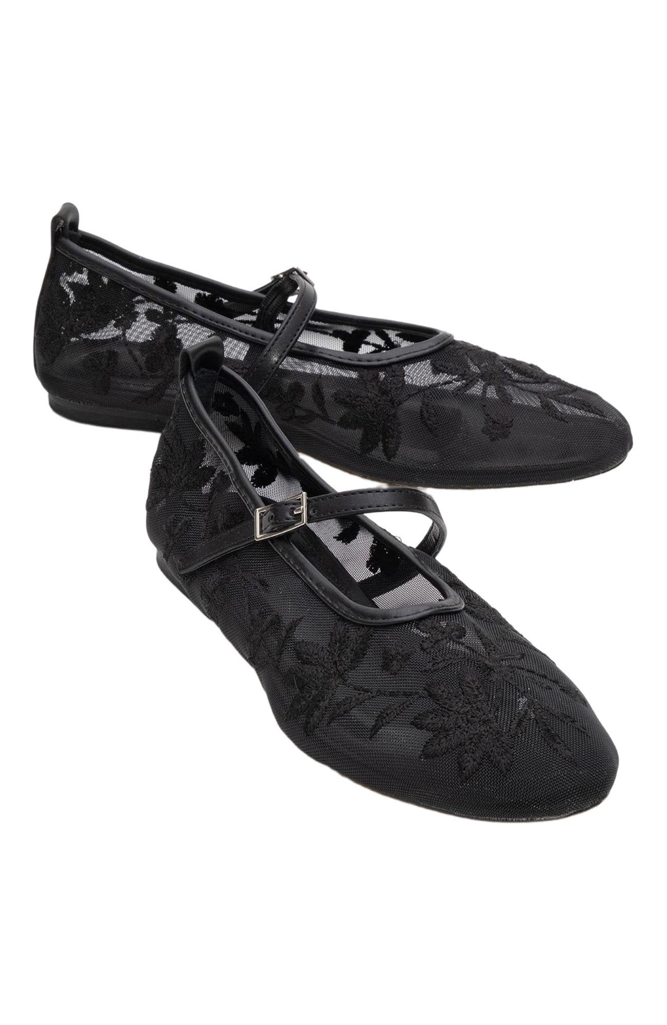Prologue Shoes Juny Mesh Floral Embroidery Ballet Flat, Main, color, Black Faux Leather