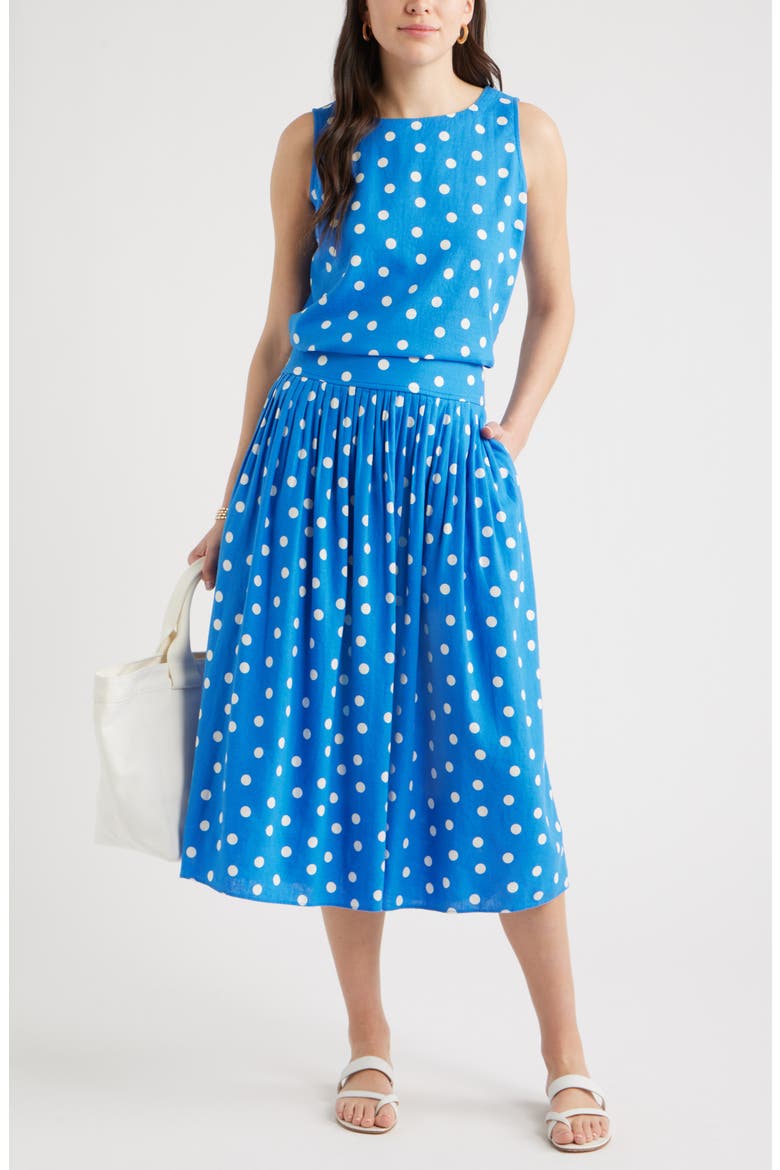 Pull-On Linen Blend Midi Skirt, Alternate, color, BLUE PALACE TULLA DOT