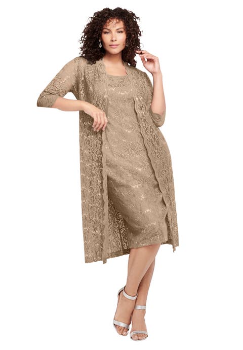Plus Size 3/4 Sleeve Formal Duster Sequin Embellished Lace Dress Set (Plus)