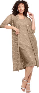 Roaman's Plus Size 3/4 Sleeve Formal Duster Sequin Embellished Lace Dress Set