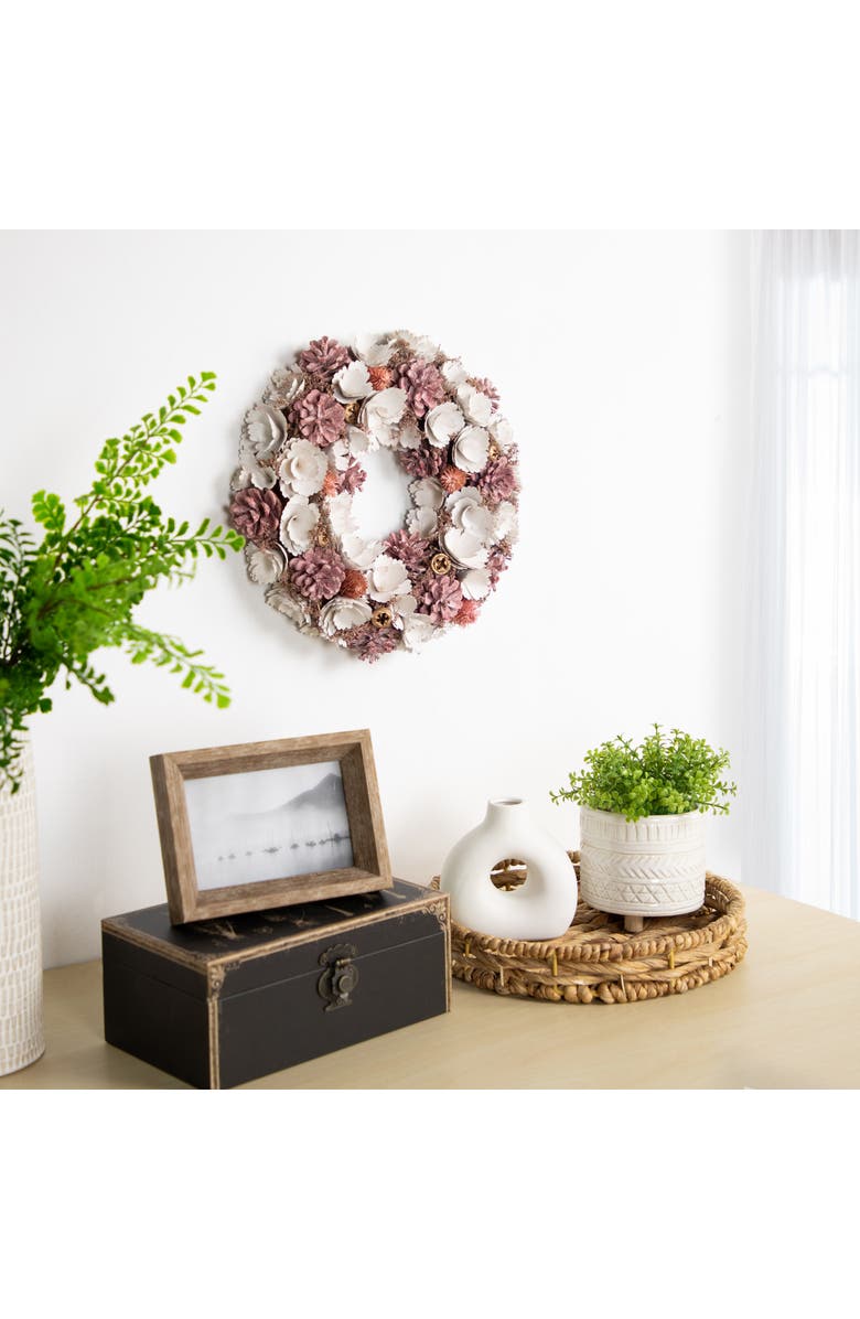 Northlight 13" White and Pink Wooden Floral Christmas Wreath with Pinecones, Alternate, color, White