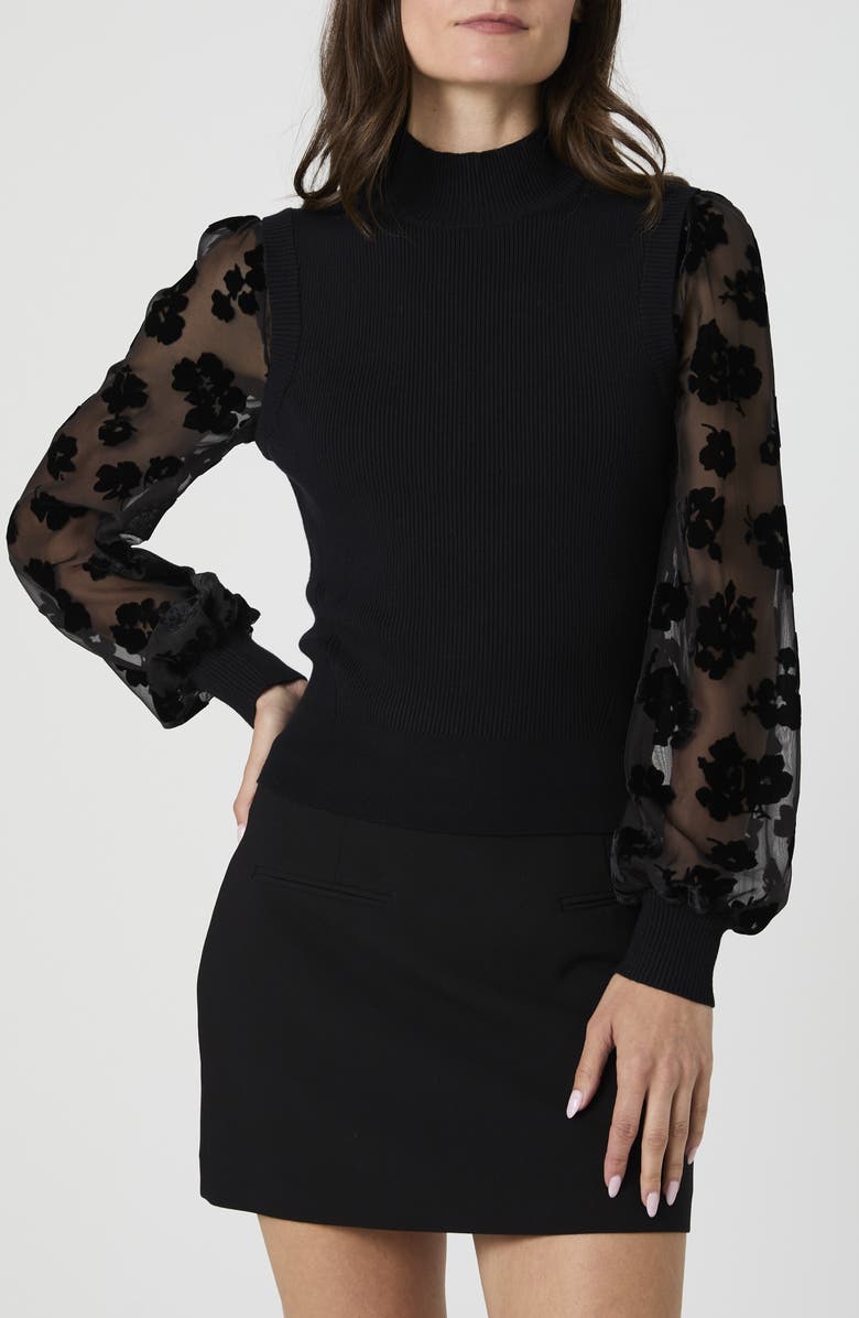 French Connection Mixed Media Burnout Velvet Sleeve Sweater, Main, color, Black