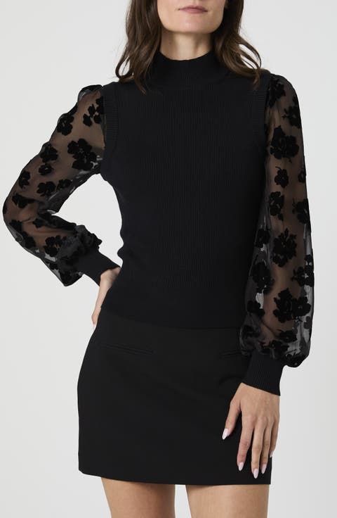 Mixed Media Burnout Velvet Sleeve Sweater