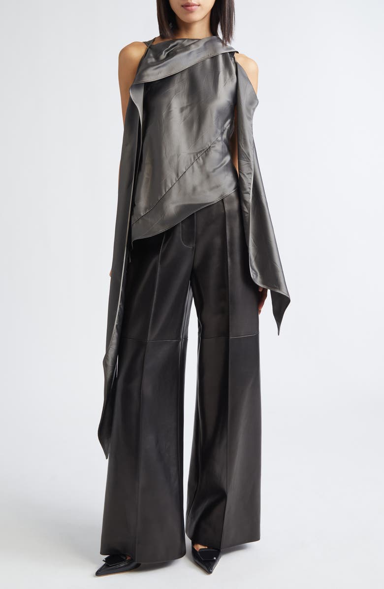 GRACE LING Bias Cut Crinkled Satin Scarf Top, Alternate, color, Grey