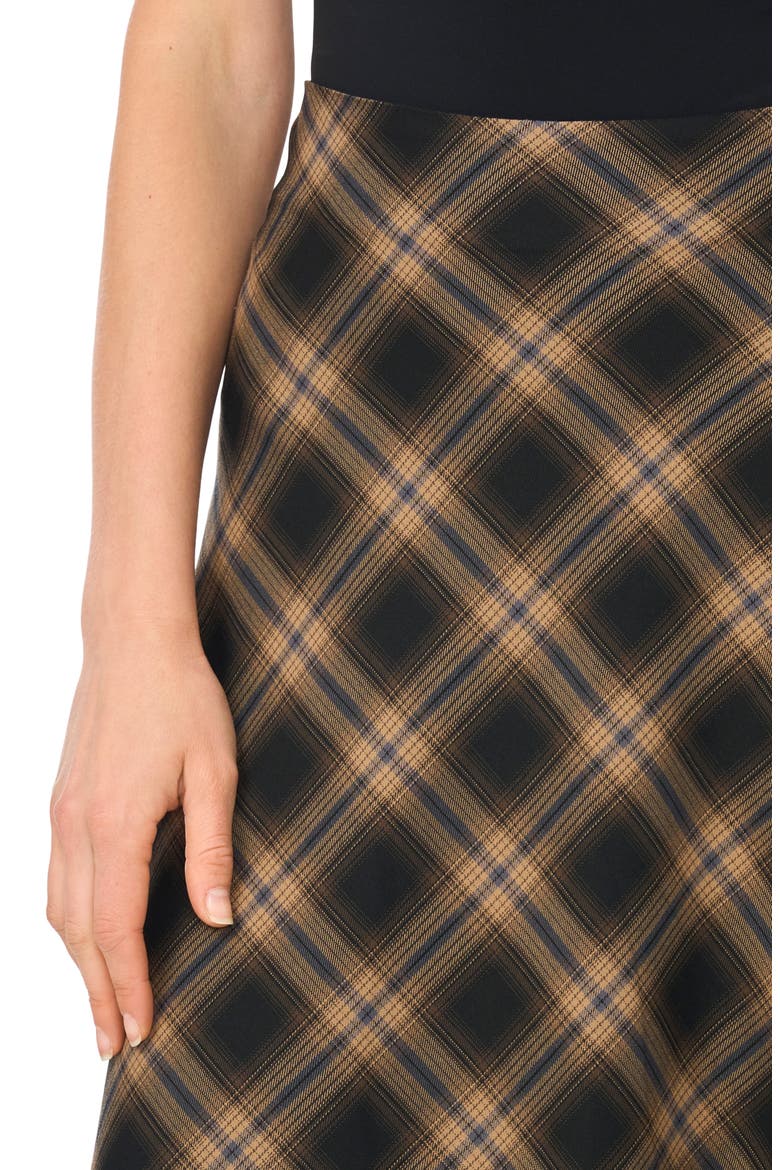 Plaid Lace Trim Asymmetric Midi Skirt, Alternate, color, RICH BLACK