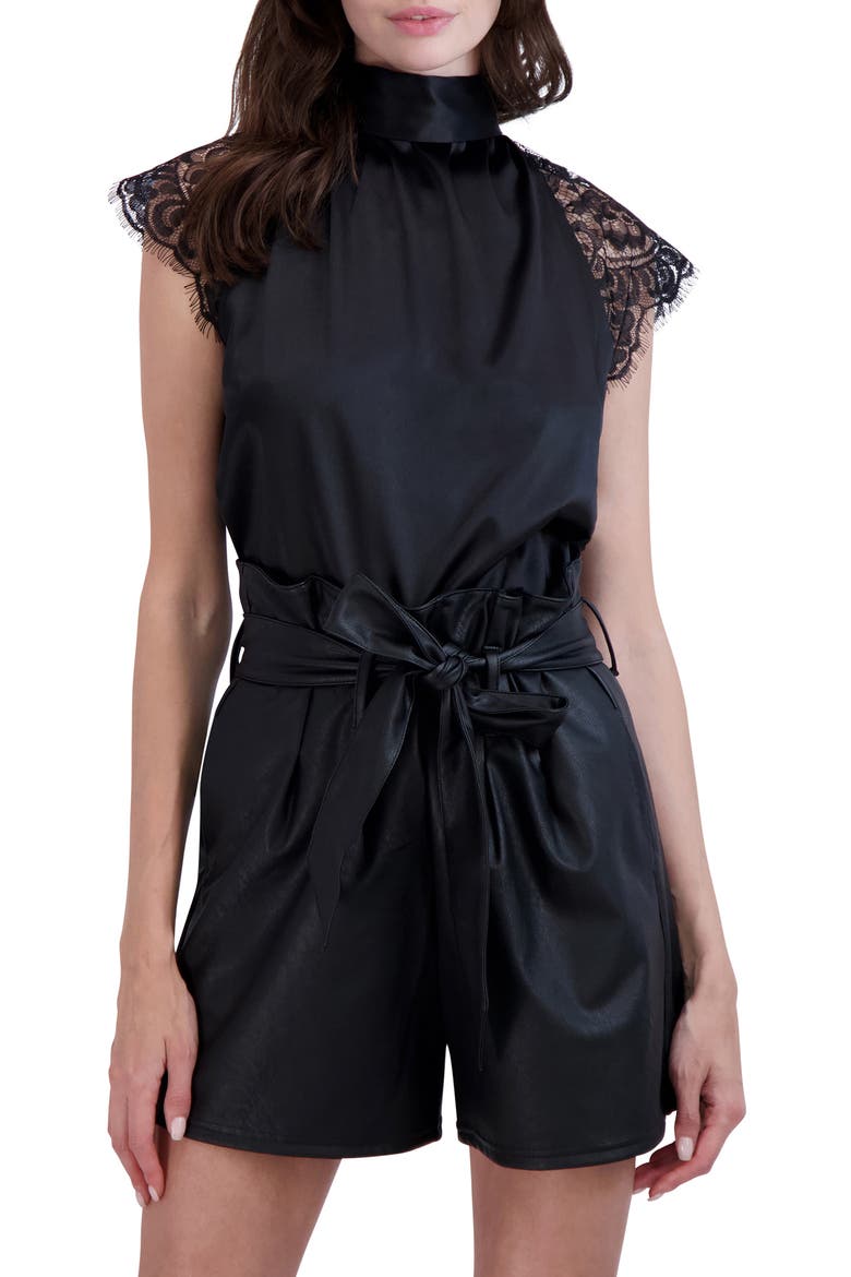Tie Back Mock Neck Lace Sleeve Satin Blouse, Alternate, color, BLACK