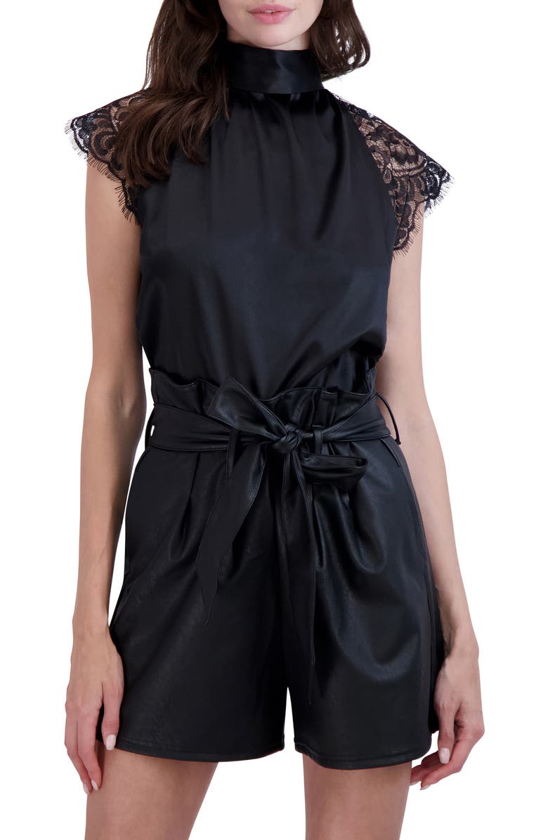 Tie Back Mock Neck Lace Sleeve Satin Blouse