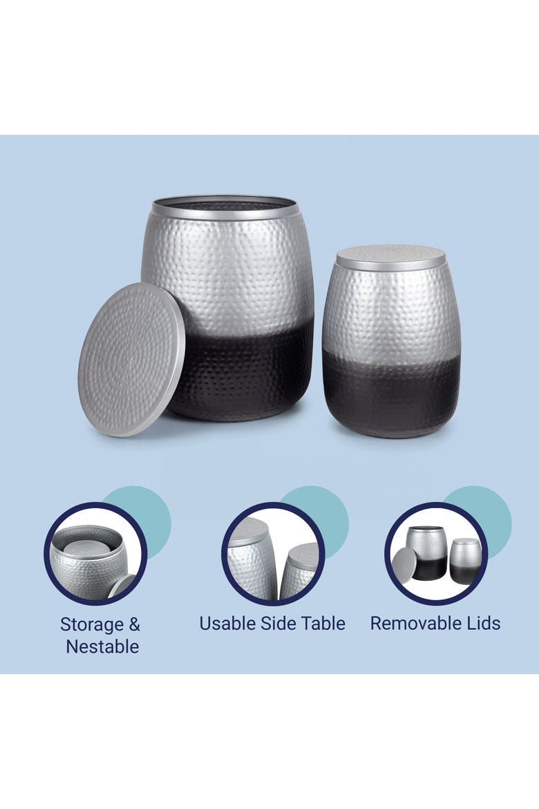 Merida Modern Rustic 2-Piece Hammered Metal Drum Storage Side Tables with Lids, Alternate, color, Silver/Black