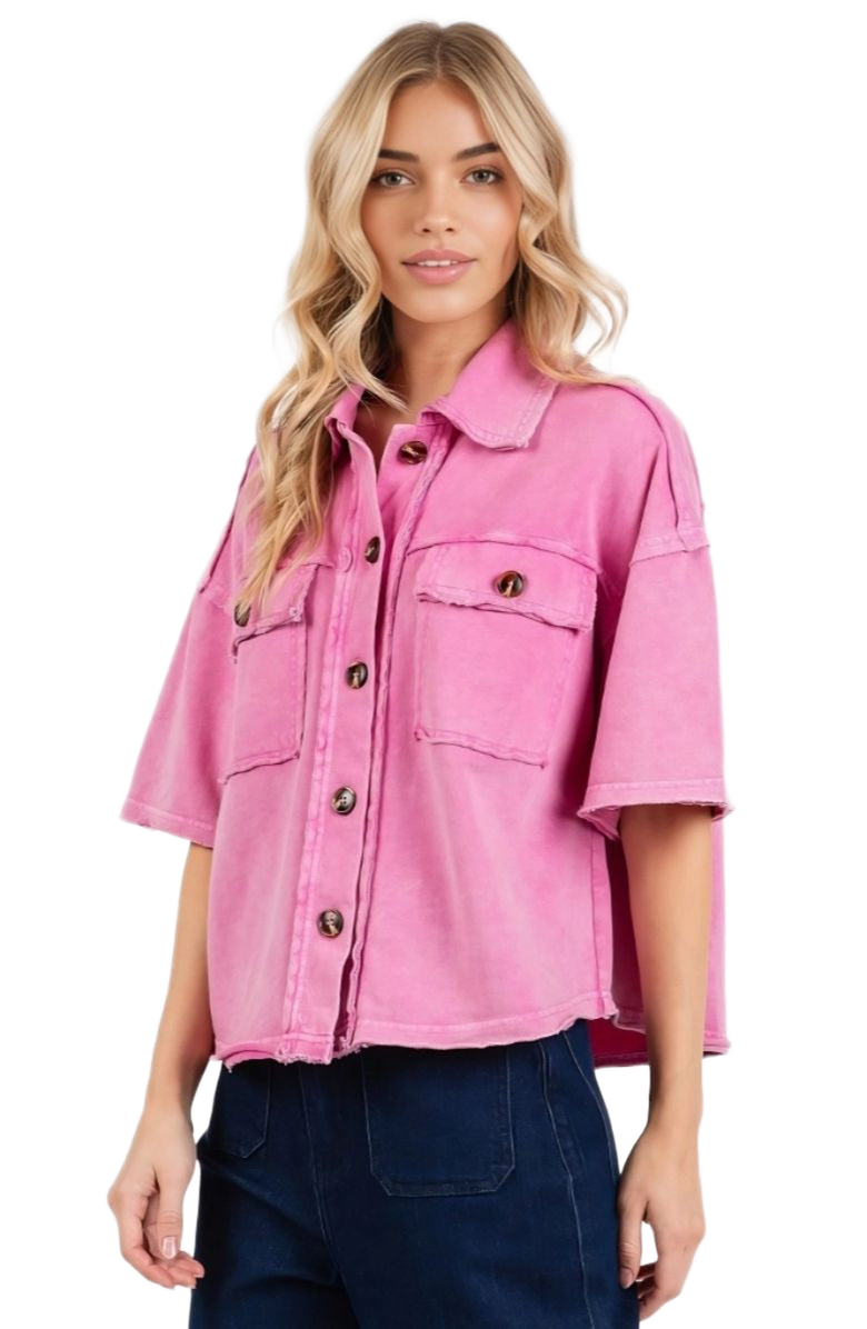 Knit and Lounge Utility Short Sleeve Button Front Boxy Fit Shirt Jacket, Alternate, color, Pink Acid Wash