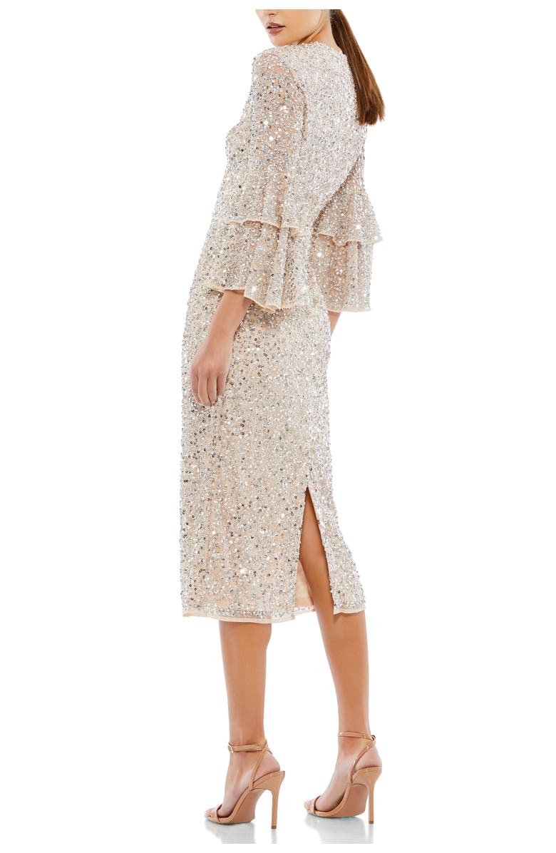 Mac Duggal Fully Sequined Ruffle Tiered 3/4 Sleeve Midi Dress, Alternate, color, Nude