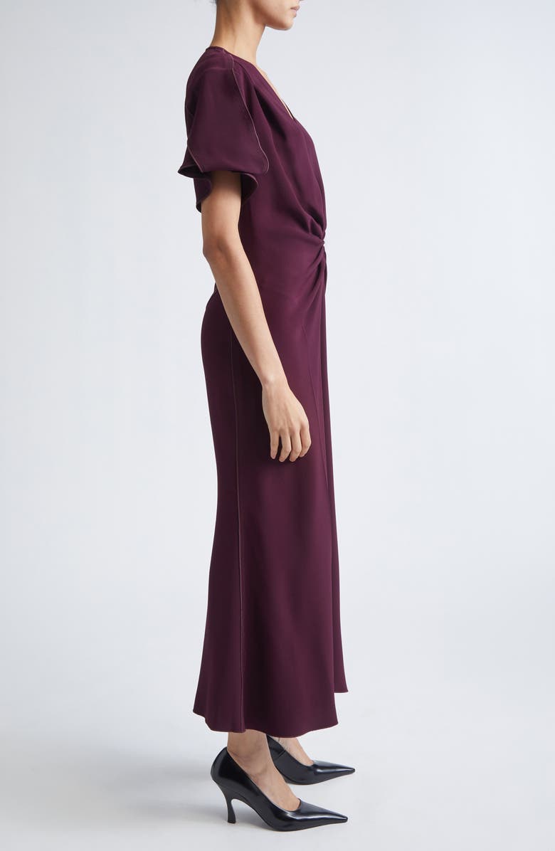 Victoria Beckham Bella Gathered Waist V-Neck Wool Blend Midi Dress, Alternate, color, Merlot