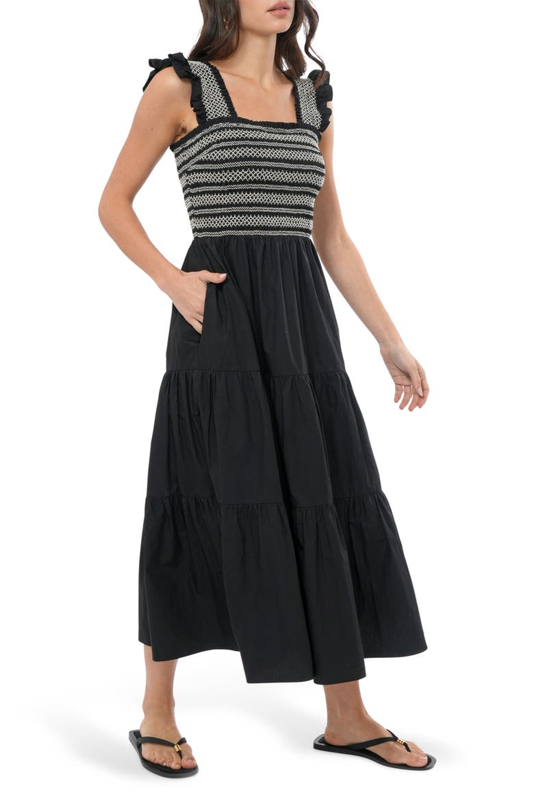 Katie Smocked Midi Sundress, Alternate, color, BLACK