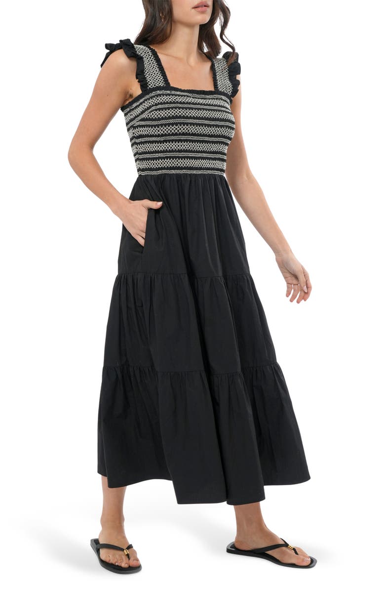 Adelyn Rae Katie Smocked Midi Sundress, Alternate, color, Black