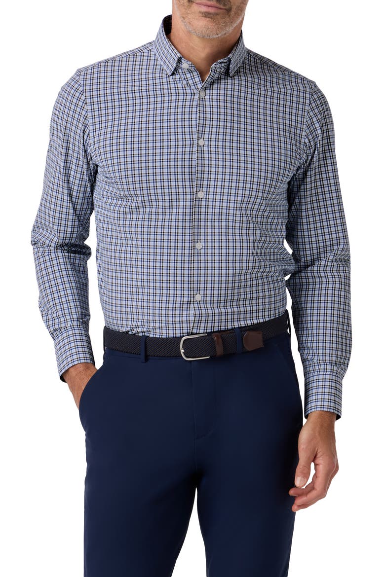 Leeward Trim Fit Plaid Performance Button-Up Shirt, Main, color, ESPRESSO DOUG PLAID
