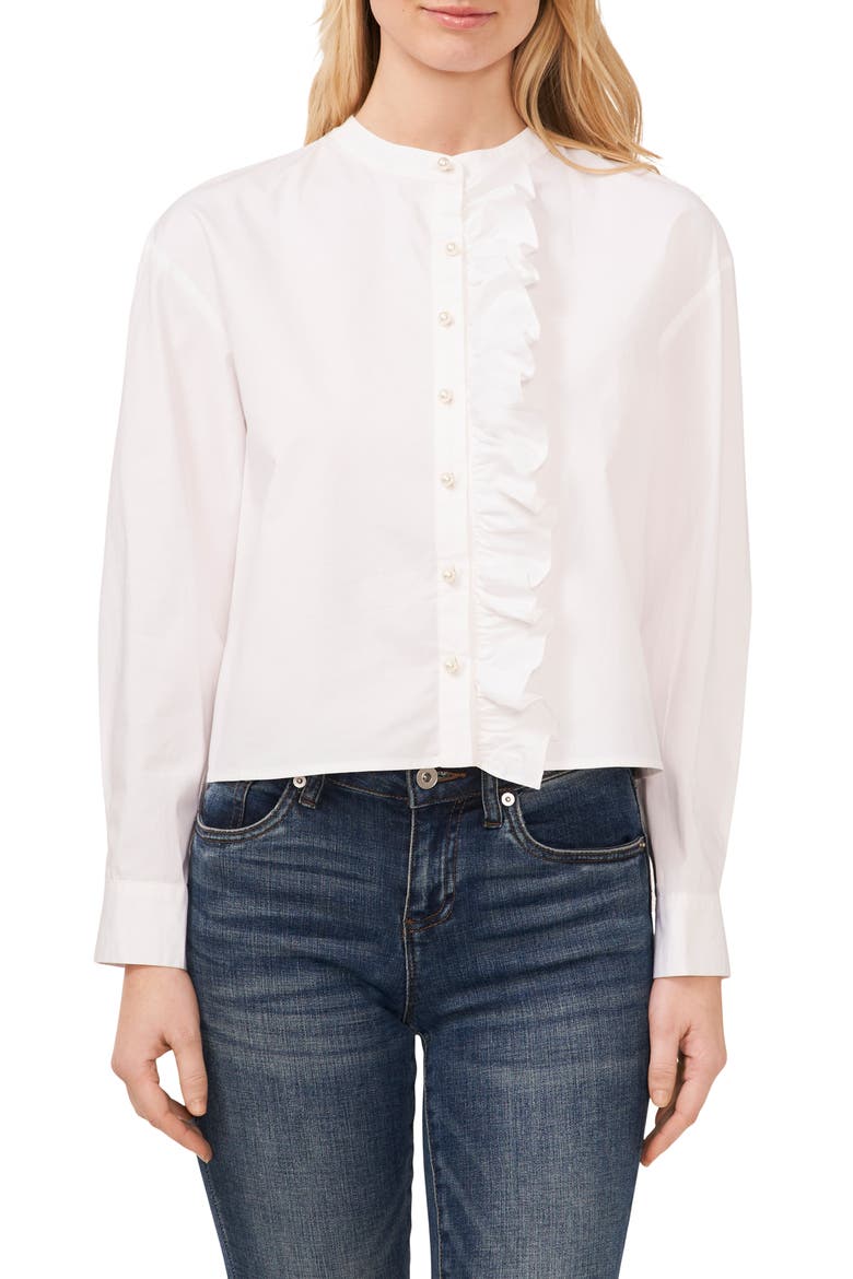 Imitation Pearl Detail Stretch Cotton Poplin Button-Up Shirt, Main, color, ULTRA WHITE
