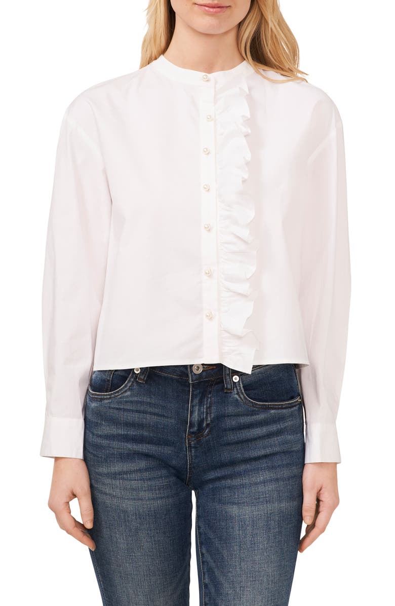 CeCe Imitation Pearl Detail Stretch Cotton Poplin Button-Up Shirt, Main, color, Ultra White