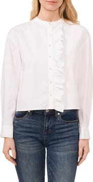 CeCe Imitation Pearl Detail Stretch Cotton Poplin Button-Up Shirt