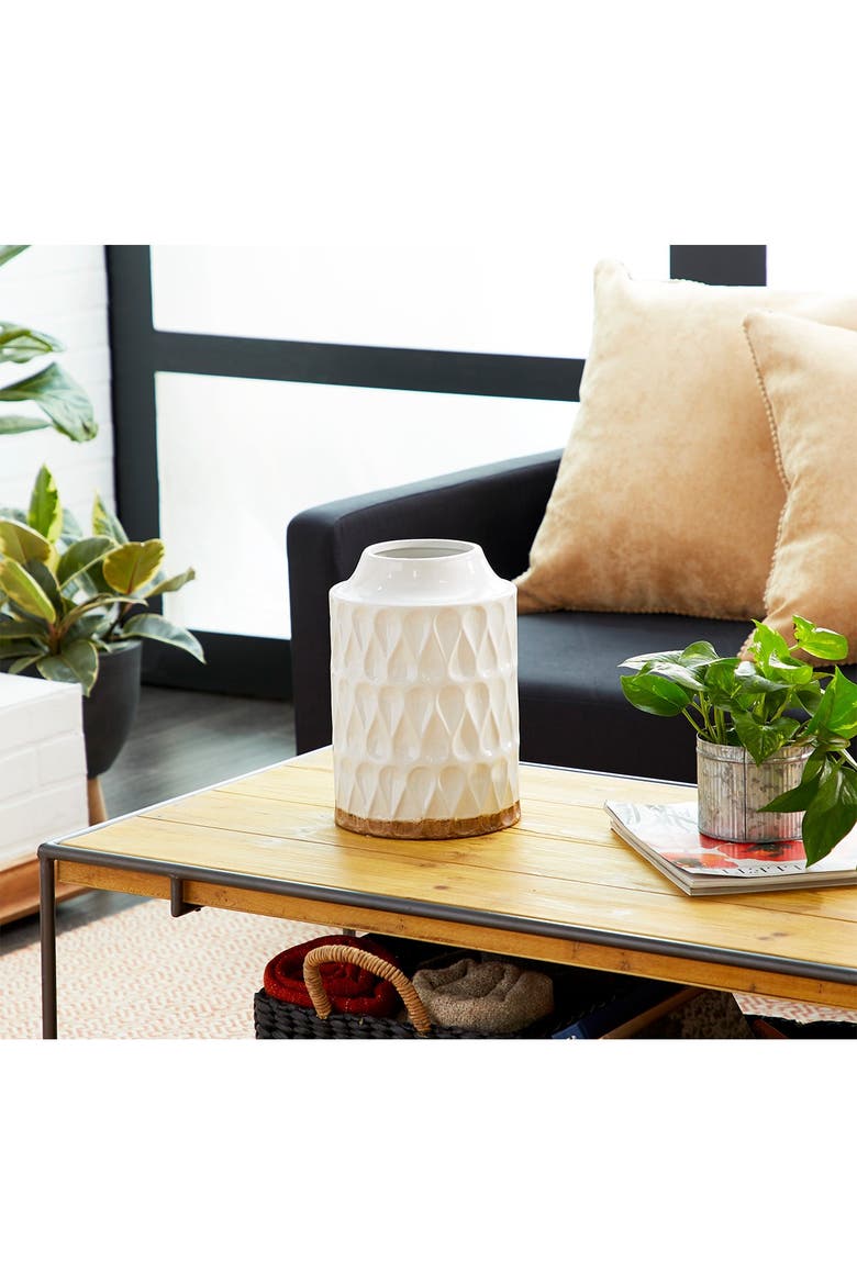 White Porcelain Geometric Vase with Brown Base, Alternate, color, WHITE