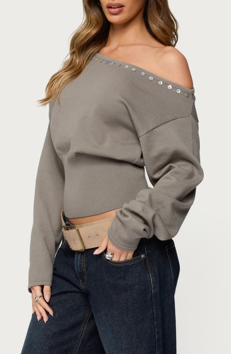 EDIKTED Carmela Iridescent Button Off the Shoulder Sweater, Alternate, color, 