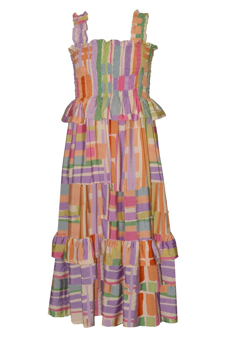 Kids' Smocked Abstract Maxi Dress, Main, color, ORANGE MULTI