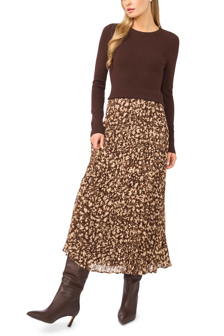 Pleated Patterned Midi Skirt, Alternate, color, CHICORY COFFEE