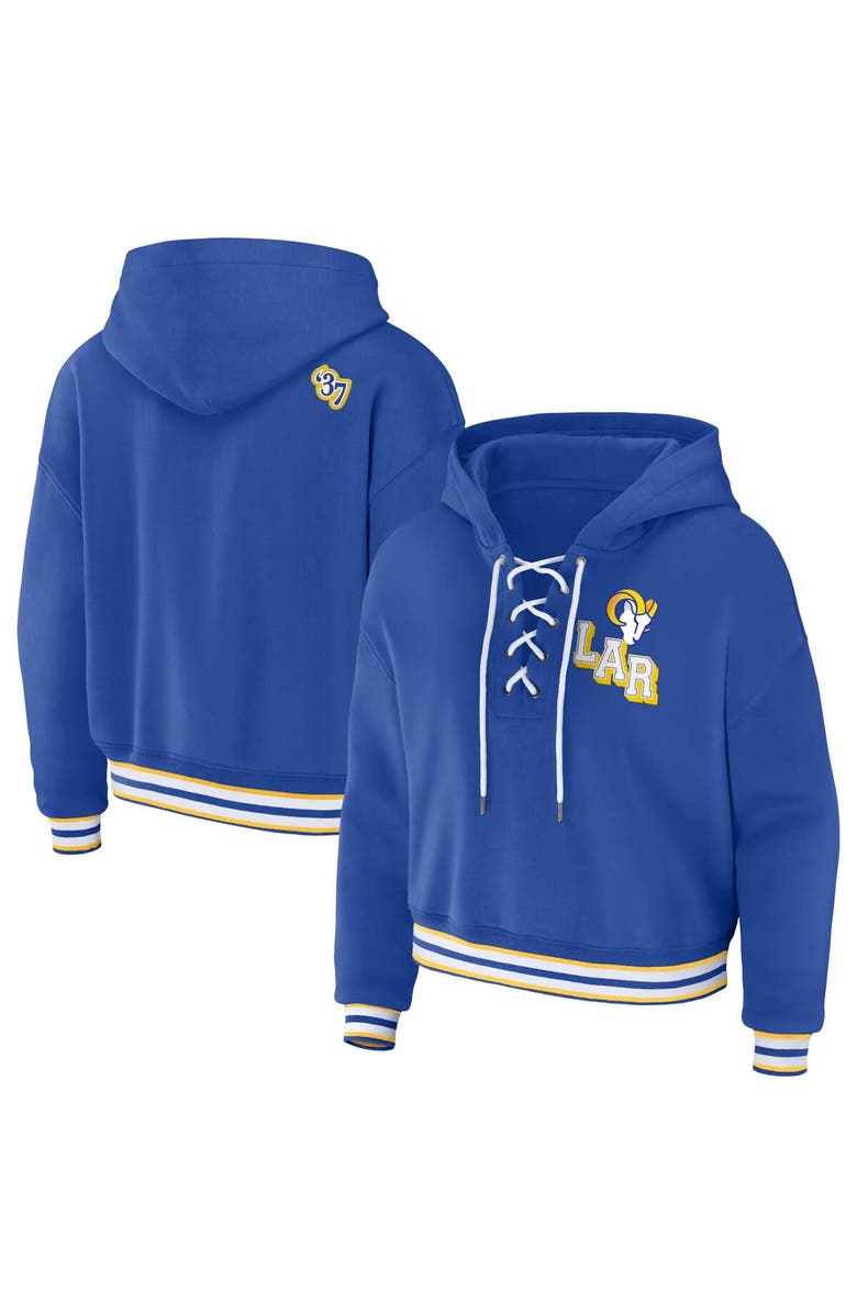WEAR by Erin Andrews Women's WEAR by Erin Andrews Royal Los Angeles Rams Plus Size Lace-Up Pullover Hoodie, Main, color, Royal