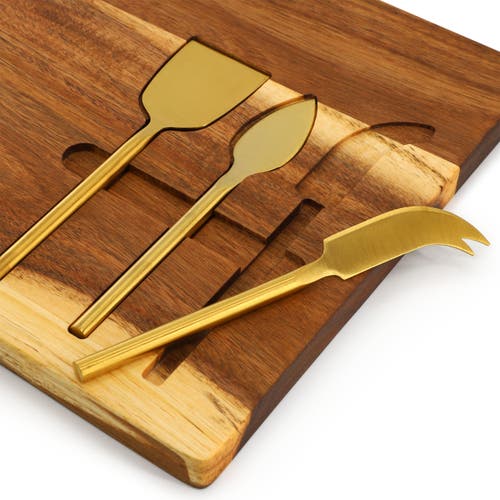 Megachef 21 X 11 Inch Acacia Wood Cheese Board With 3 Piece Knife Set In Brown