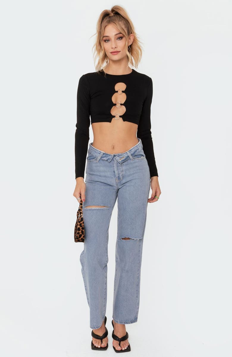EDIKTED Patricia Long Sleeve Crop Top, Alternate, color, Black