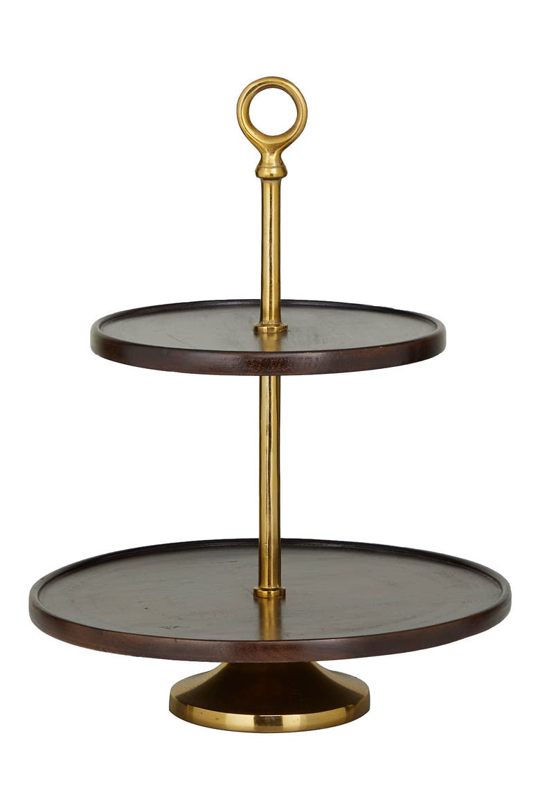 Dark Brown Mango Wood 2-Level Tiered Server with Goldtone Stand, Alternate, color, BROWN