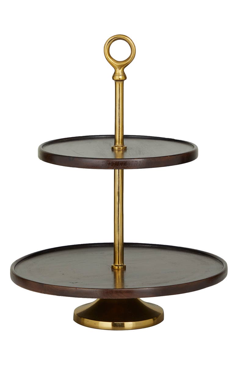 VIVIAN LUNE HOME Dark Brown Mango Wood 2-Level Tiered Server with Goldtone Stand, Alternate, color, Brown