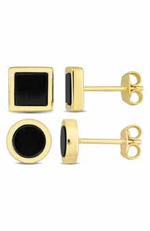 DELMAR Men's Set of 2 Onyx Square & Round Stud Earrings