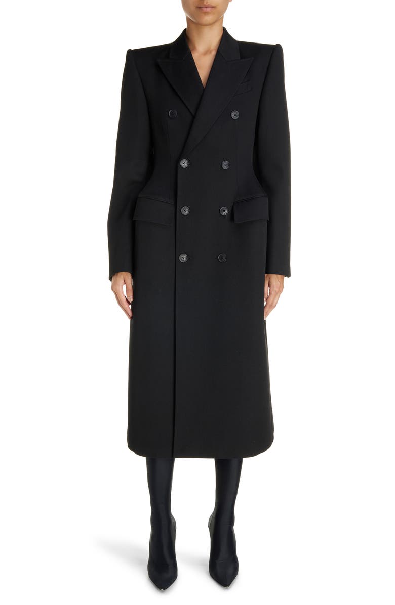 Balenciaga Hourglass Double Breasted Wool Gabardine Coat, Main, color, 