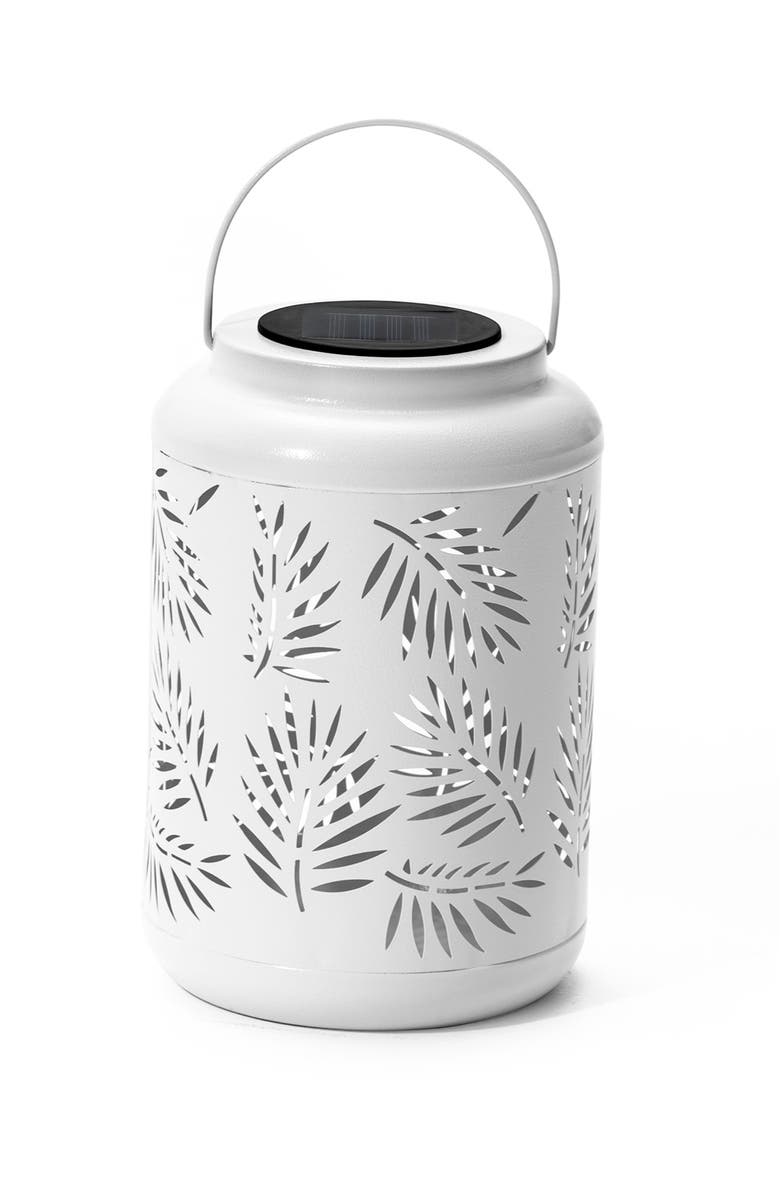 Glitzhome Metal Cutout Leaf Solar Powered Outdoor Hanging Lantern with LED Light, Alternate, color, White
