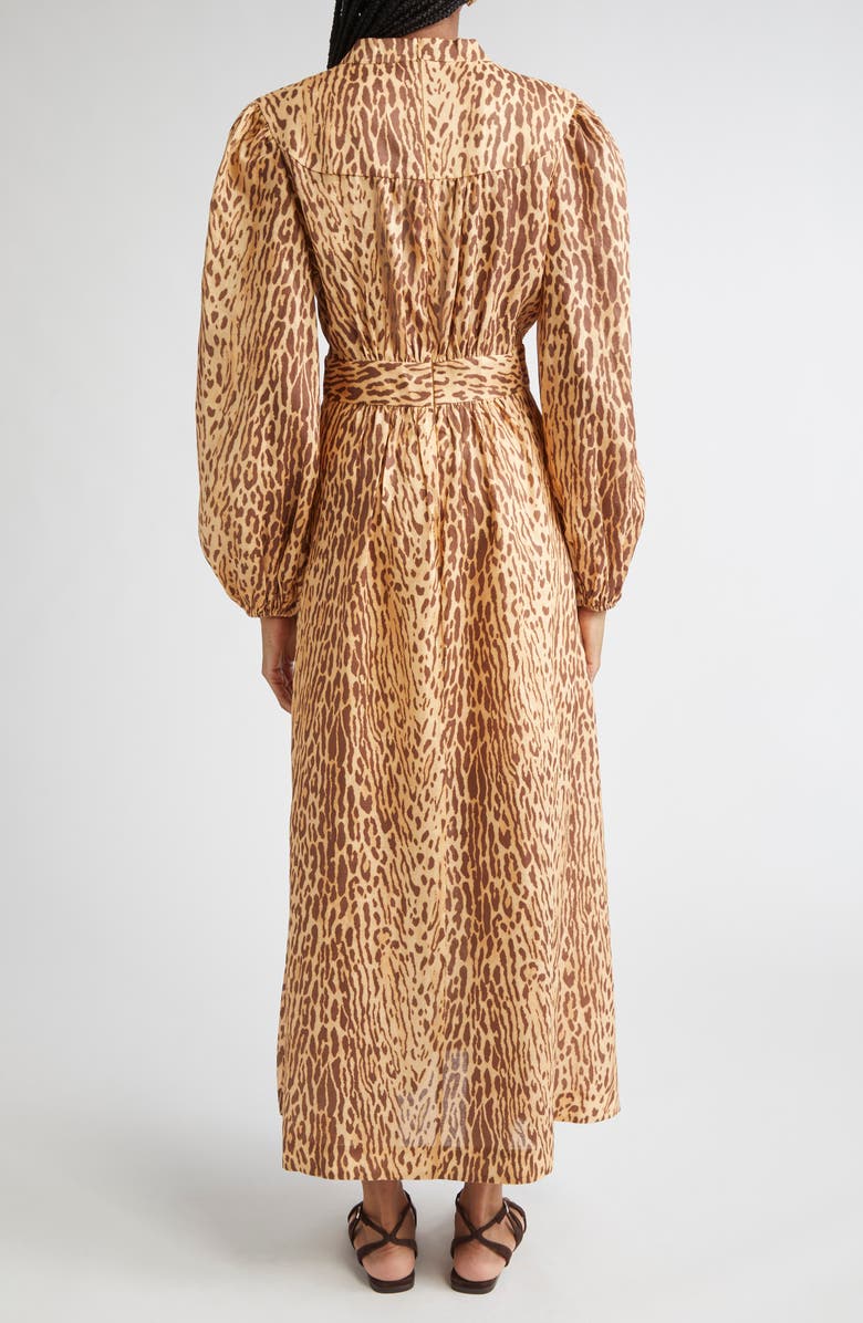 Zimmermann Cascadian Leopard Print Long Sleeve Linen Midi Dress, Alternate, color, Tan Leopard