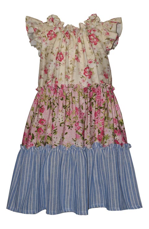 Kids' Mixed Print Ruffle Neck Dress (Little Kid)