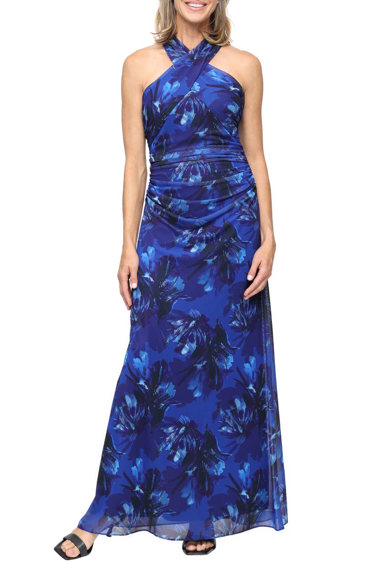 Floral Mesh Gown, Main, color, BLUE/ MULTI