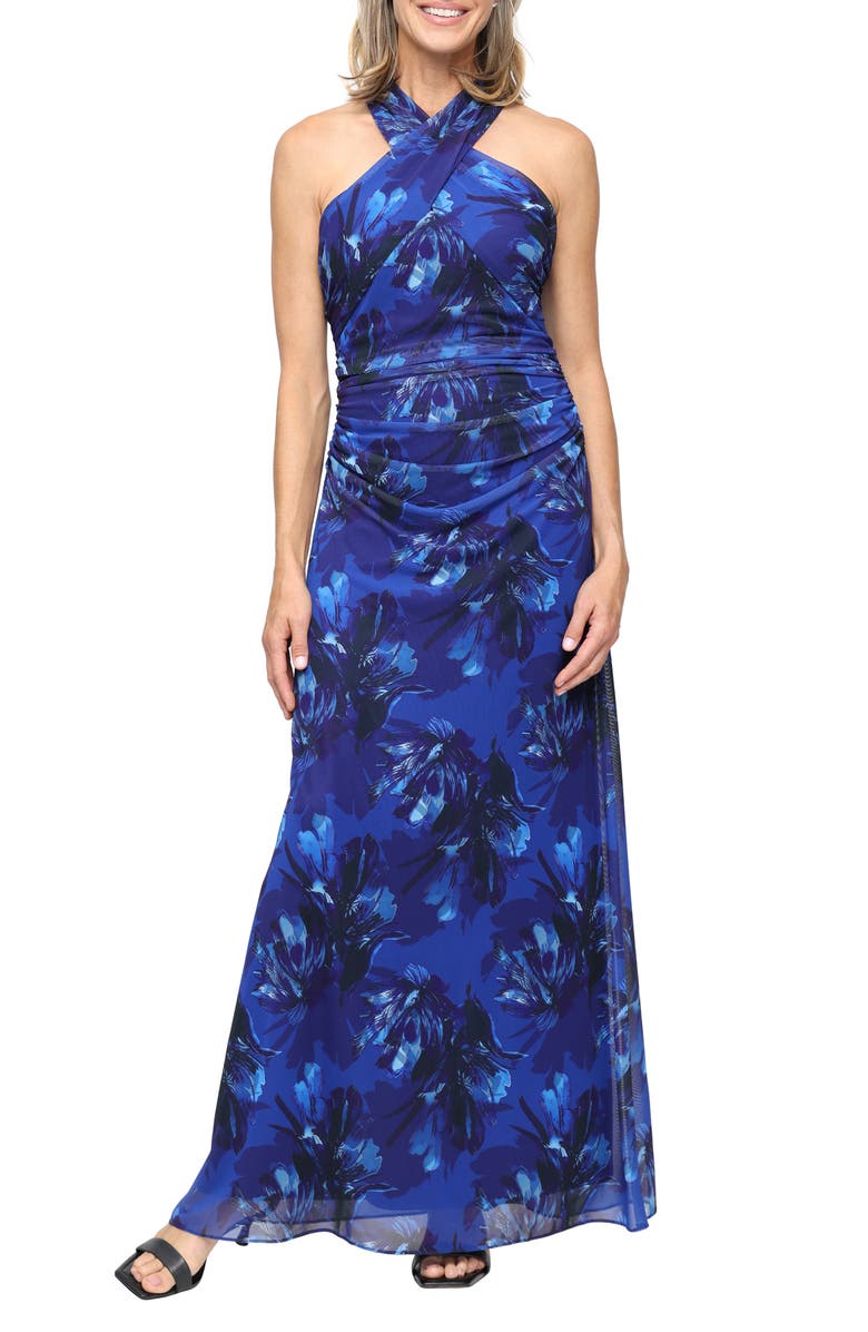 SL FASHIONS Floral Mesh Gown, Main, color, Blue/ Multi