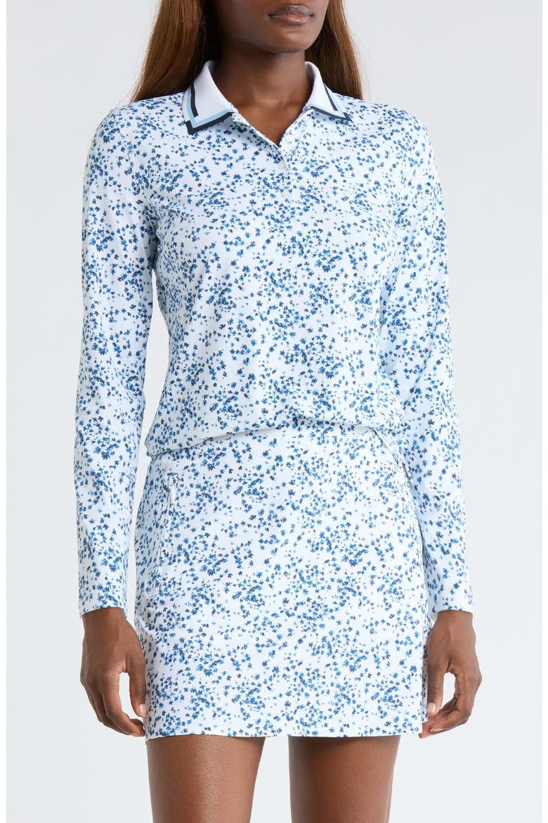Ditzy Floral Long Sleeve Tech Golf Polo, Main, color, SNOW/ TWILIGHT