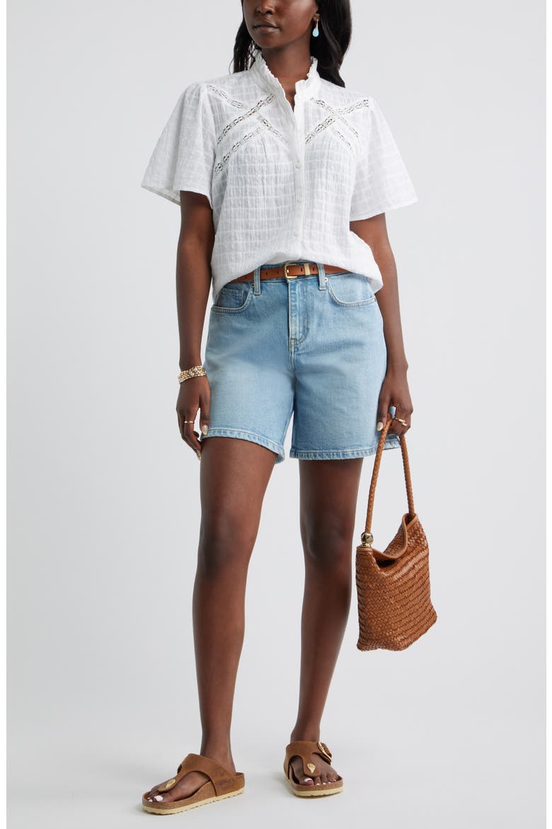Lace Trim Button Front Top, Alternate, color, WHITE