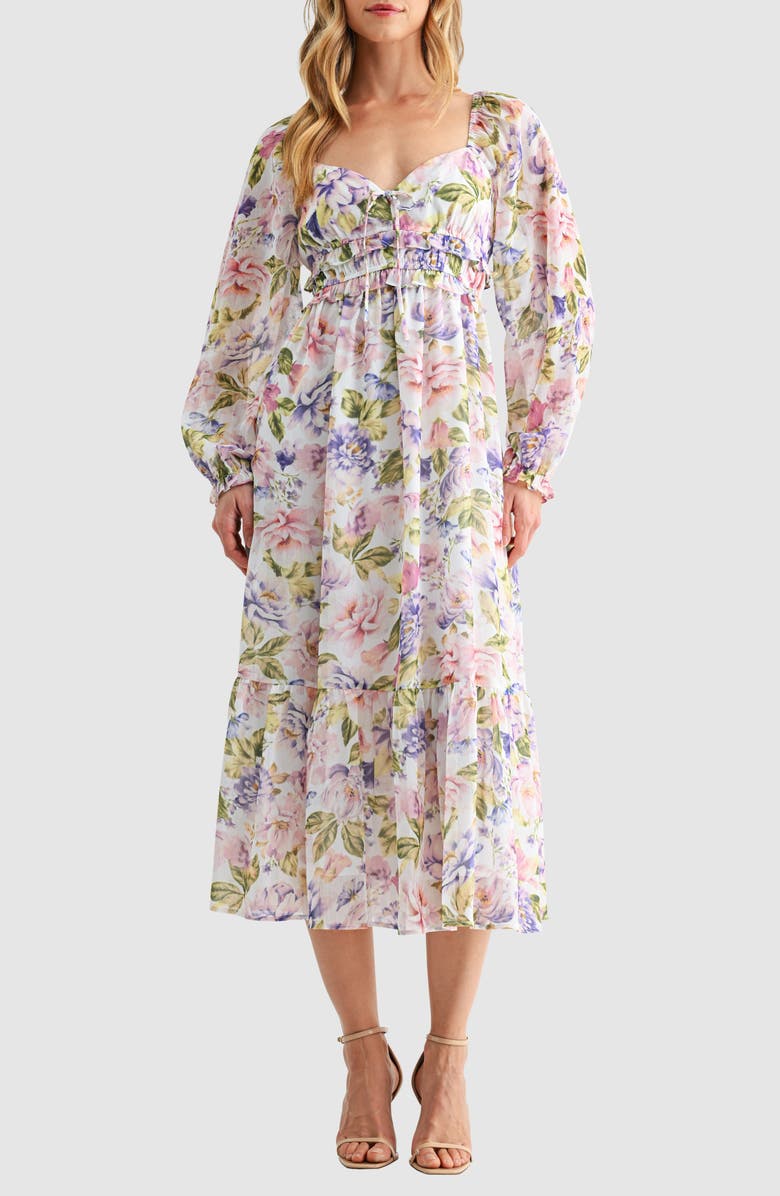 Lush Long Sleeve Tiered Midi Dress, Main, color, Lilac Pink Floral