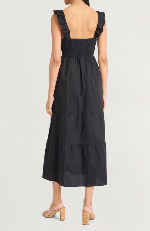 The Good Journey Ruffle Strap Empire Waist Tiered Cotton Midi Dress In Black
